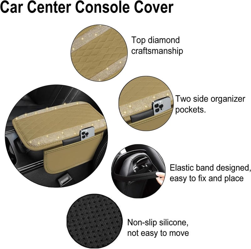 NBTEPEM Bling Beige Car Center Console Cover, Leather Car Arm Rest Cover with 2 Storage Bags, Universal Auto Armrest Protector Storage Box, Bling Accessories Interior for Most Vehicles - Image 3